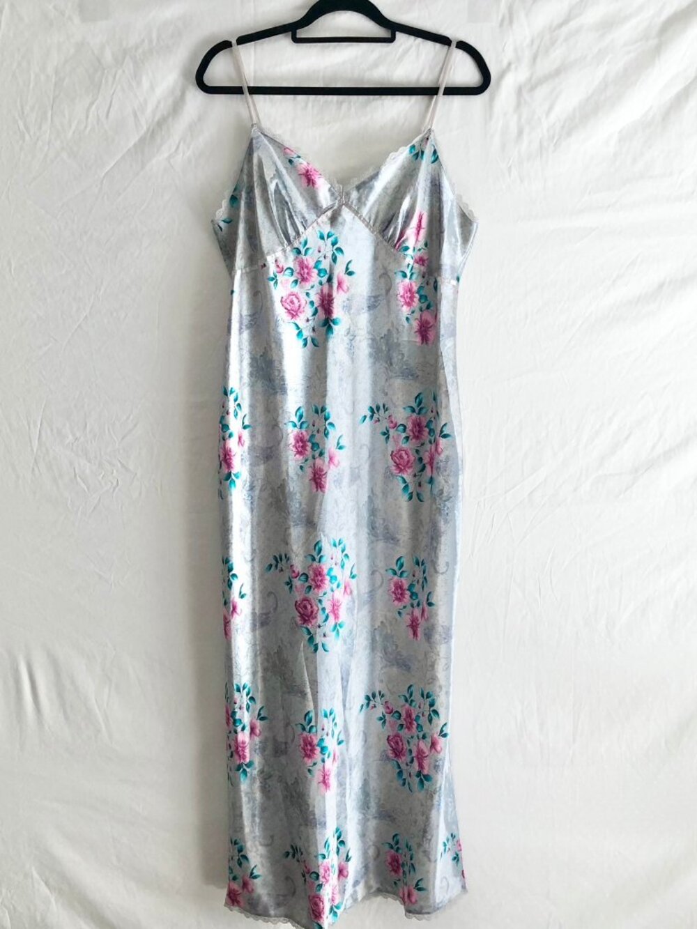 Vintage 90s Erika Taylor Gray Floral Satin Nightgown Size L